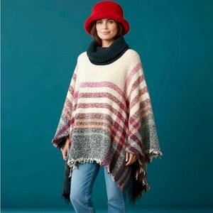Striped Multicolor Poncho with Cowl Neck